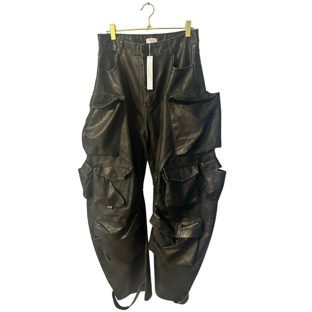 Moude Our New Dark brown Leather Oversized Cargos pants szS  loose fit New NWT